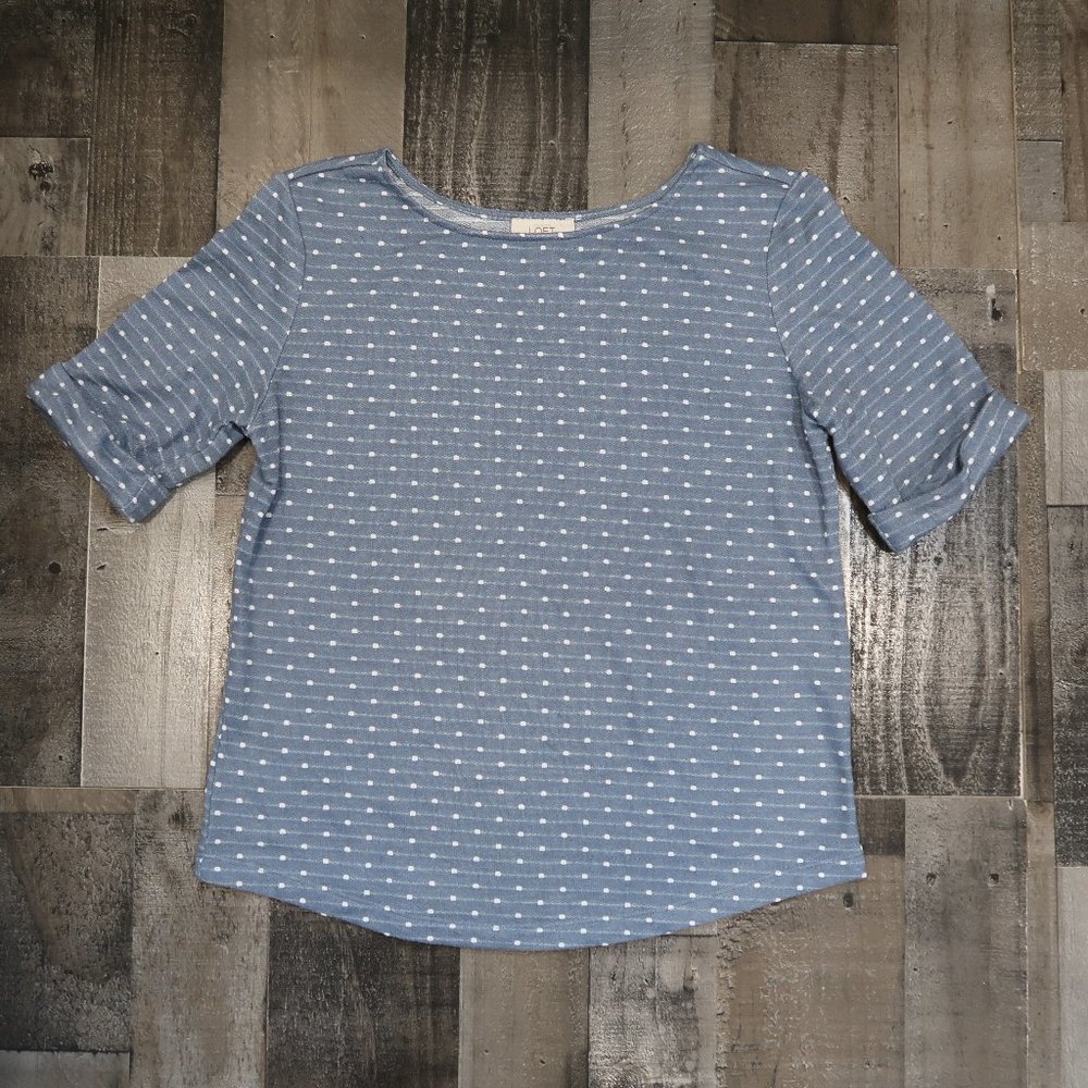 LOFT Ann Taylor Small Blue and White Polka Dot Top Stripe Half Sleeve